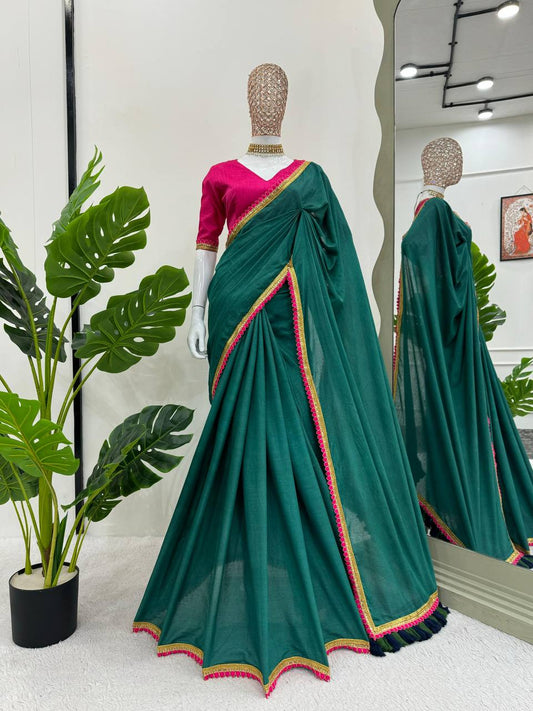 Rama Green Mul Cotton Fancy Lace Work Saree By WTW