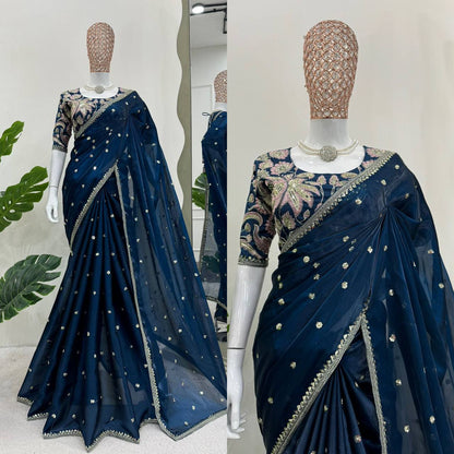 Bridal Blue Shimmery Organza Designer Saree By WTW