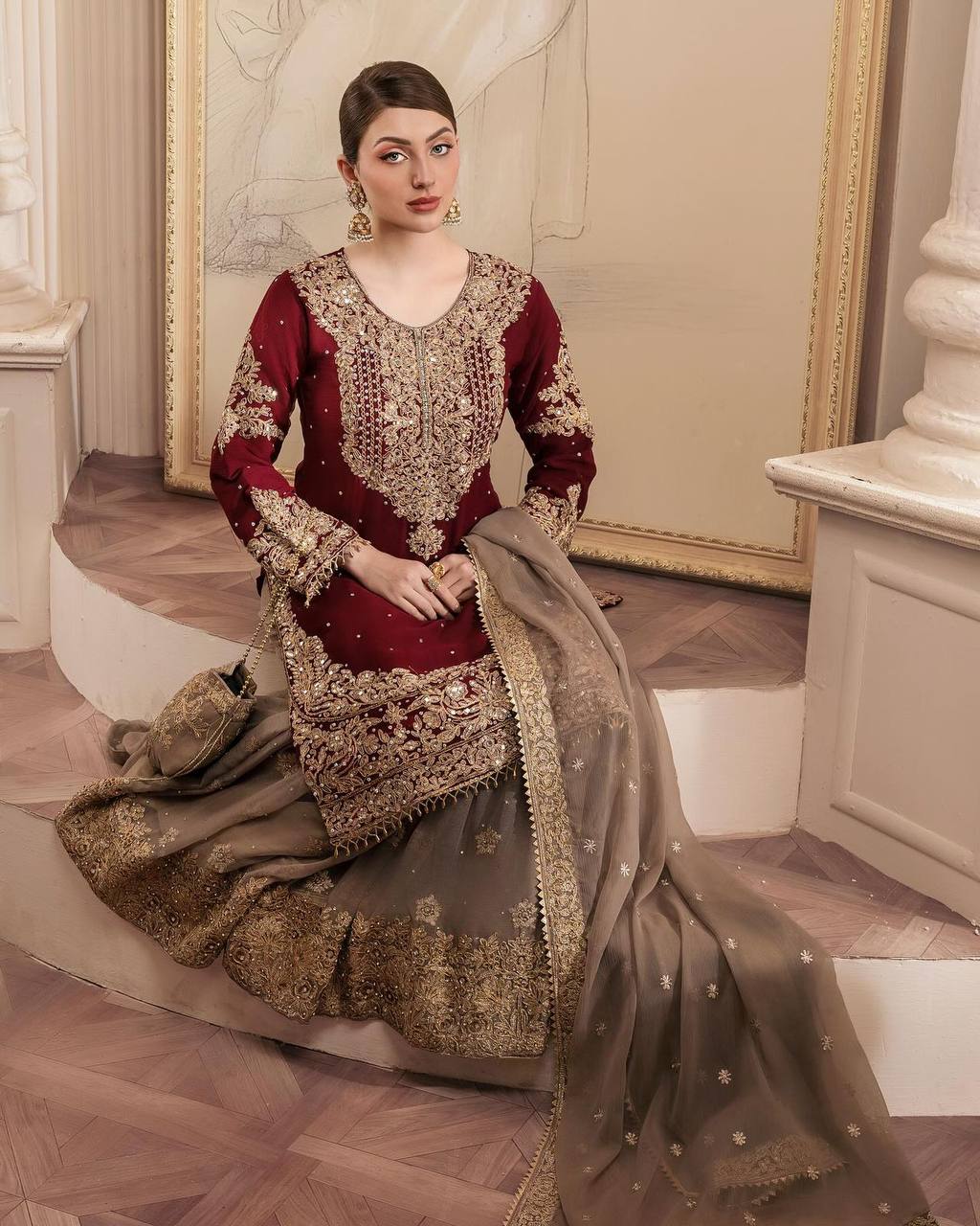 Maroon Faux Georgette Sequence Embroidery Work Sharara Suit By WTW