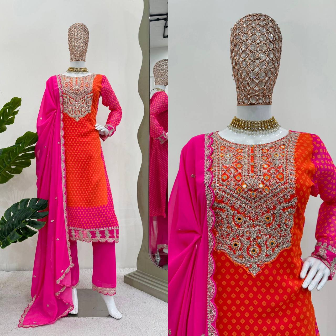 Pink Orange Chinon Silk Sequence & Real Mirror Work Straight Suit Set By WTW