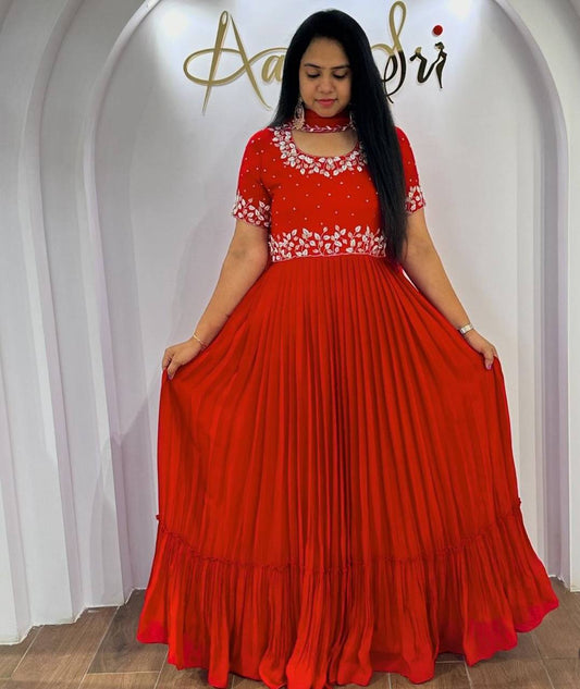 Georgette Anarkali Red Gown With Jari Embroidery Work By WTW