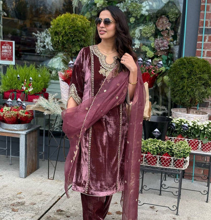 Luxurious Maroon Heavy Pure Viscose Velvet Embroidered Suit By WTW