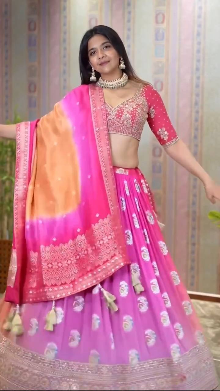 Wedding Special Pink Chinnon Silk Lehenga Choli With Embroidery Work By WTW