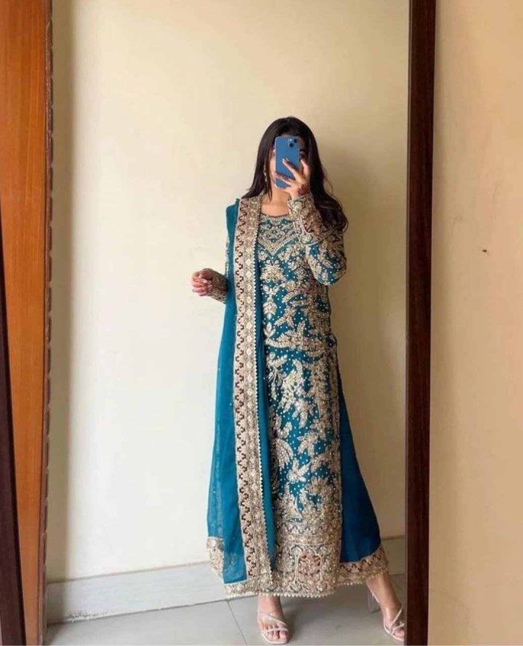 Blue Heavy Embroidered Long Kurta With Palazzo And Laces Dupatta By WTW