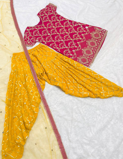 Pink Top & Yellow Patiala Bottom Set - Pure Vichitra Silk Heavy Embroidery By WTW