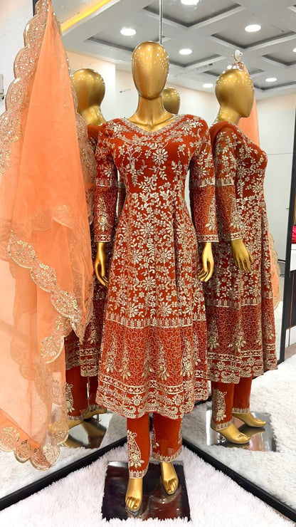 Aglow Orange Color Georgette Embroidery Sequence Gown By WTW