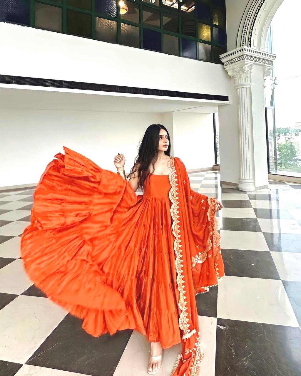 Pretty Orange Color Chinon Embroidery Sequence Anarkali Suit By WTW