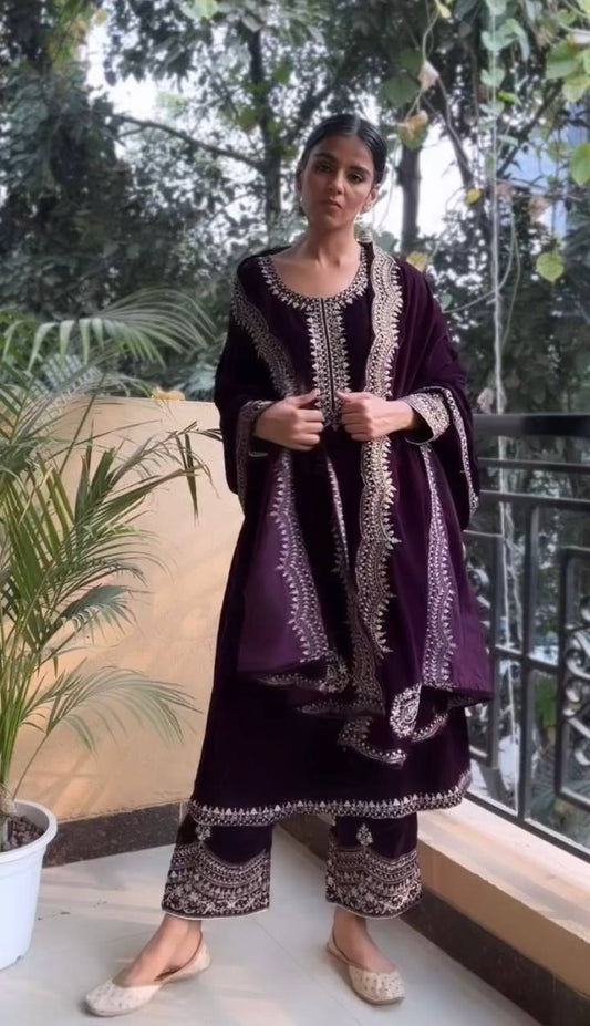 Heavy Viscose Velvet Purple Kurti Bottom And Dupatta By WTW