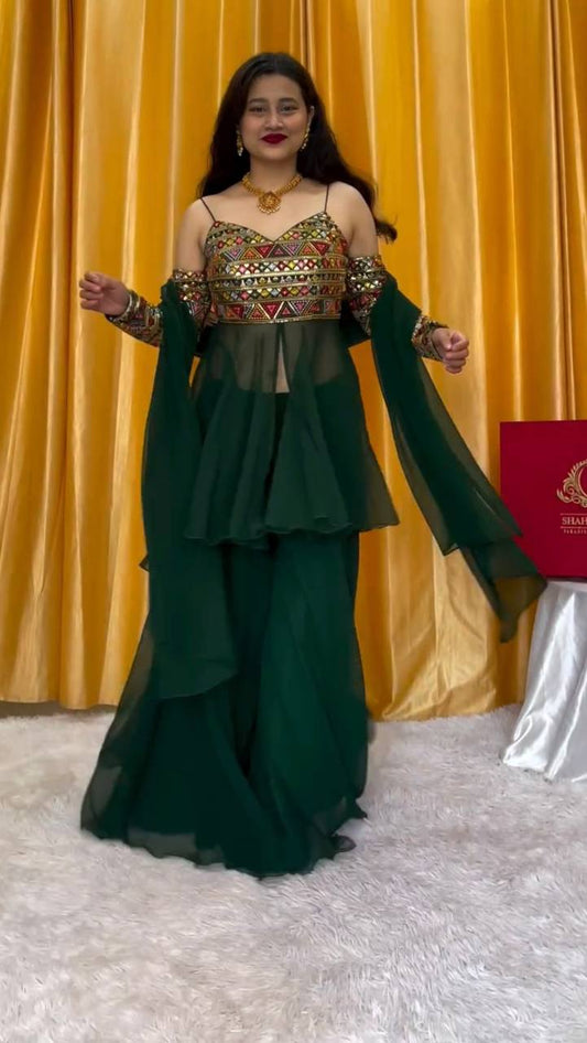 Green Georgette Designer Indowestern Palazzo Suit By WTW