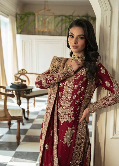 Red Faux Georgette Thread Work Plazzo Suit By WTW