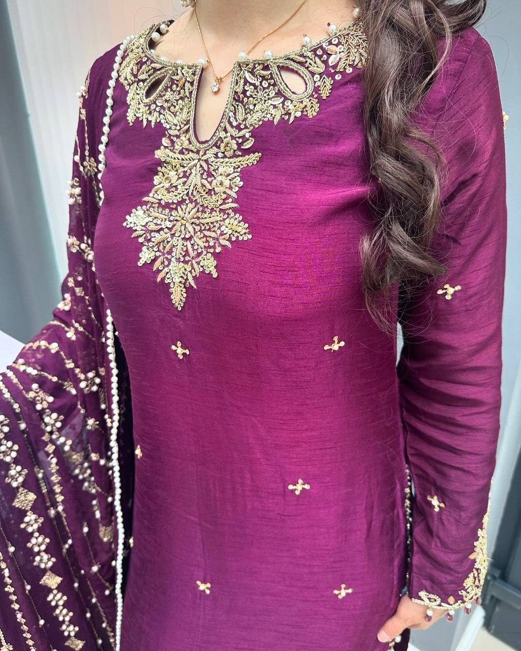 Wine Chinon Silk Pearl Work Salwar Suit By WTW