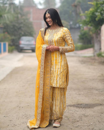 Super Yellow Chinnon Digital Printed Embroidery Salwar Suit By WTW