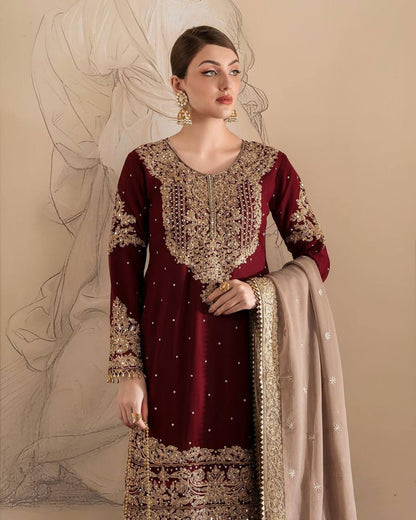 Maroon Faux Georgette Sequence Embroidery Work Sharara Suit By WTW