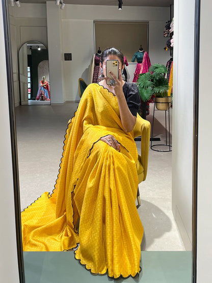 Incredible Yellow Arca Work Gadhawal Chex Traditional Saree By WTW