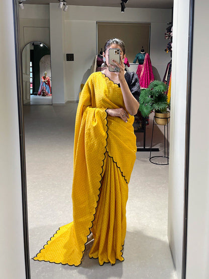 Incredible Yellow Arca Work Gadhawal Chex Traditional Saree By WTW