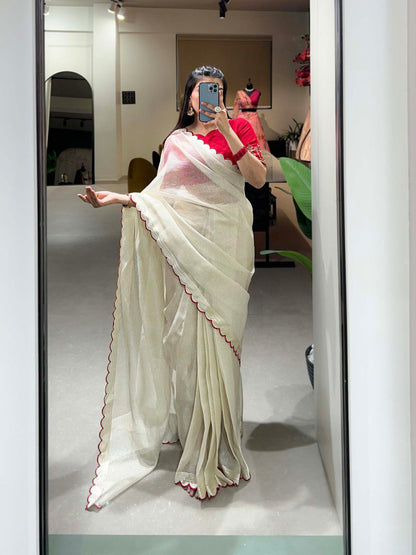 Superb Off-White Arca Work Silk Festive Wear Saree With Blouse By WTW