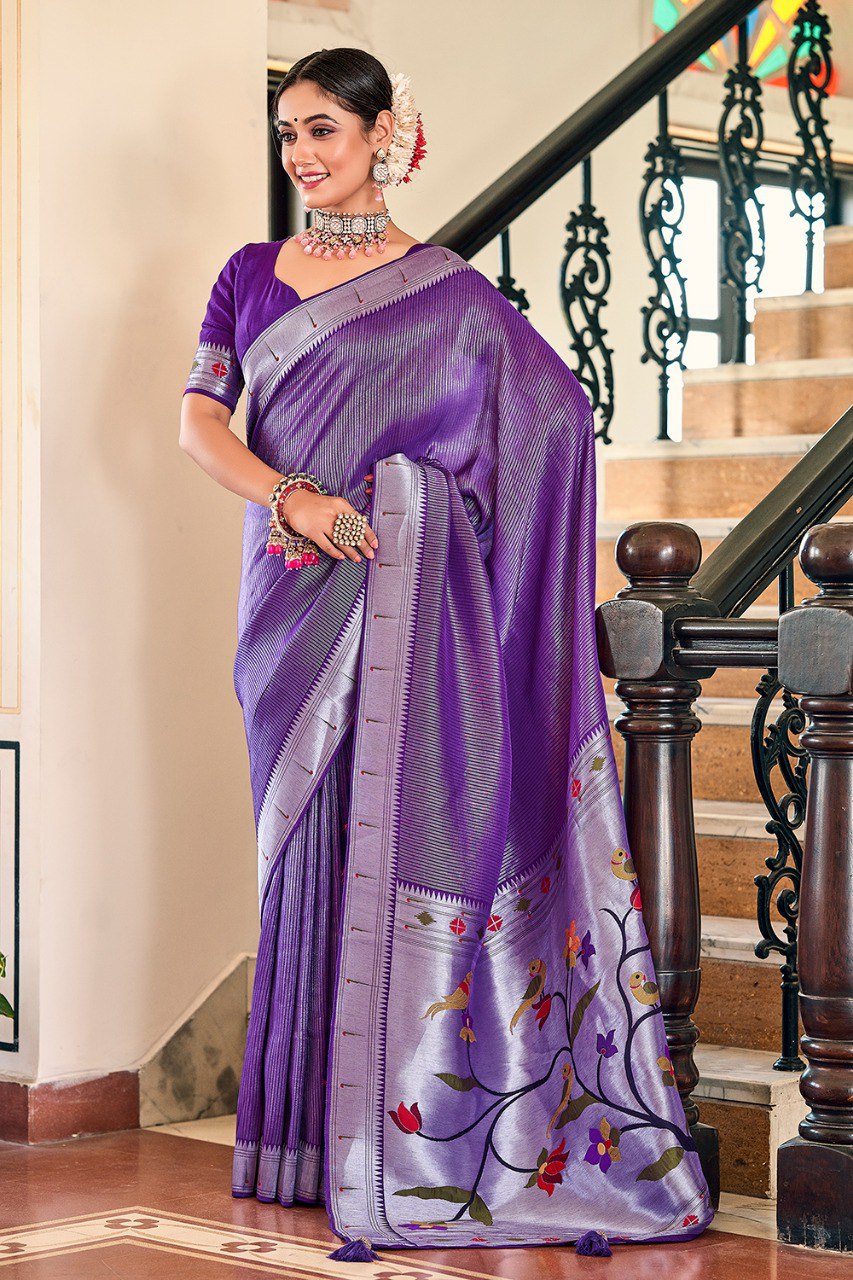 Exquisite Purple Viscose Paithani Meenakari Saree  By WTW