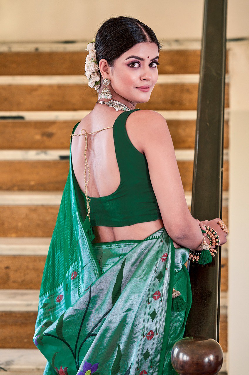 Exquisite Green Viscose Paithani Meenakari Saree By WTW