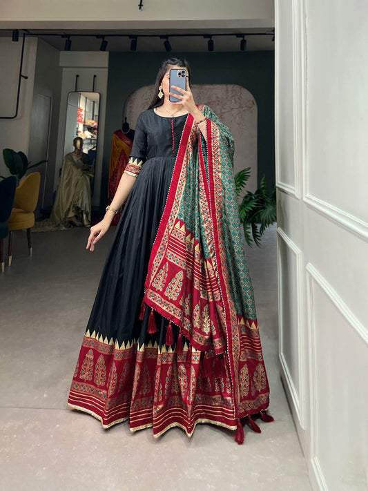 Traditional Wear Black Color Tussar Silk Foil Printed Gown By WTW