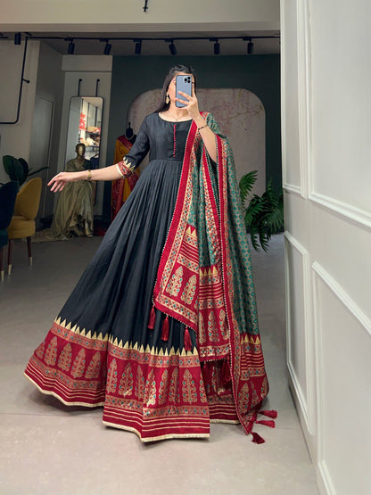 Traditional Wear Black Color Tussar Silk Foil Printed Gown By WTW