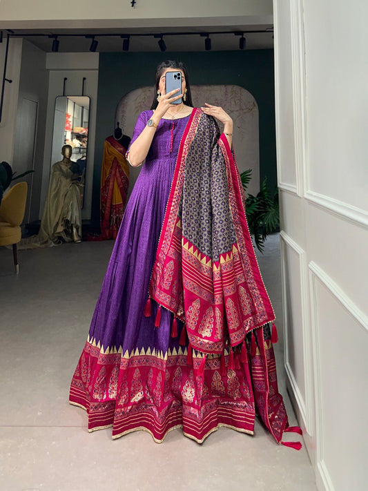 Traditional Wear Purple Color Tussar Silk Foil Printed Gown By WTW