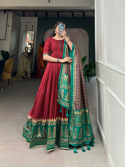 Maroon Color Tussar Silk Printed Gown with Dupatta - Contemporary Eleganc By WTW