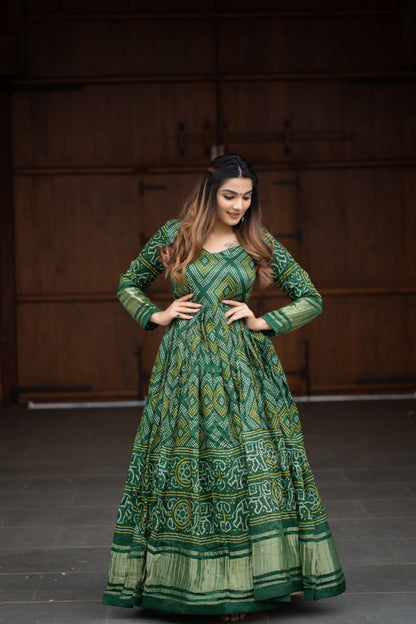 Green Color Digital Bandhej Printed Pure Gaji Silk Gown By WTW