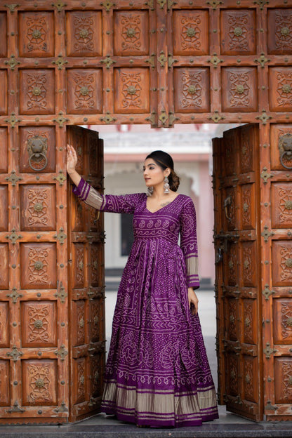 Designer Gown Silk Wine Bandhej Gown By WTW