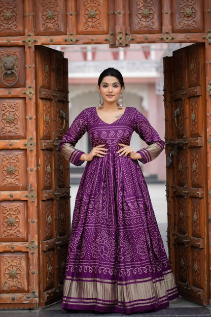 Designer Gown Silk Wine Bandhej Gown By WTW