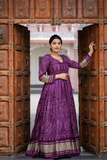 Designer Gown Silk Wine Bandhej Gown By WTW