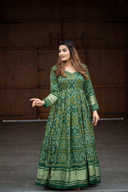 Green Color Digital Bandhej Printed Pure Gaji Silk Gown By WTW