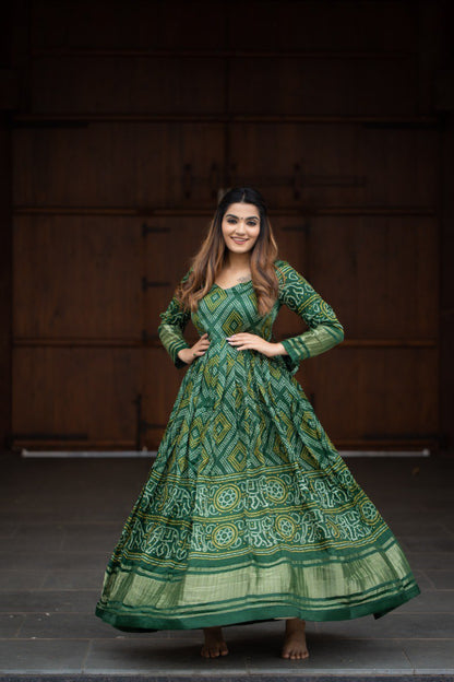 Green Color Digital Bandhej Printed Pure Gaji Silk Gown By WTW