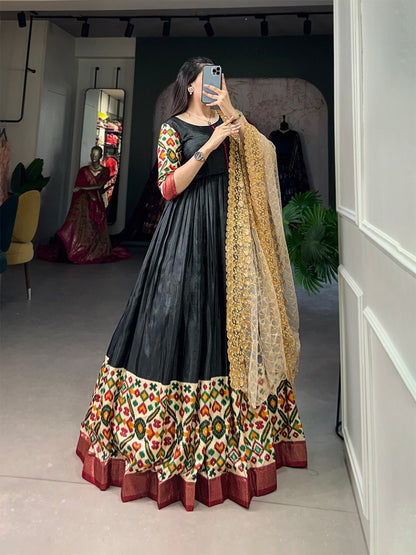 Black Color Foil Printed Dola Silk Gown By WTW