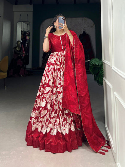 Sublime Red Color Tussar Silk Floral Printed Work Gown By WTW