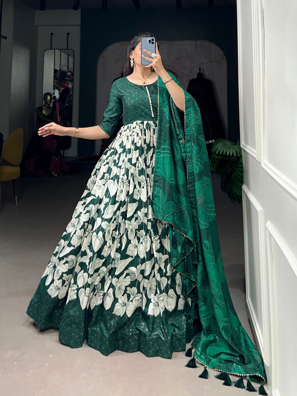 Sublime Green Color Tussar Silk Floral Printed Work Gown By WTW