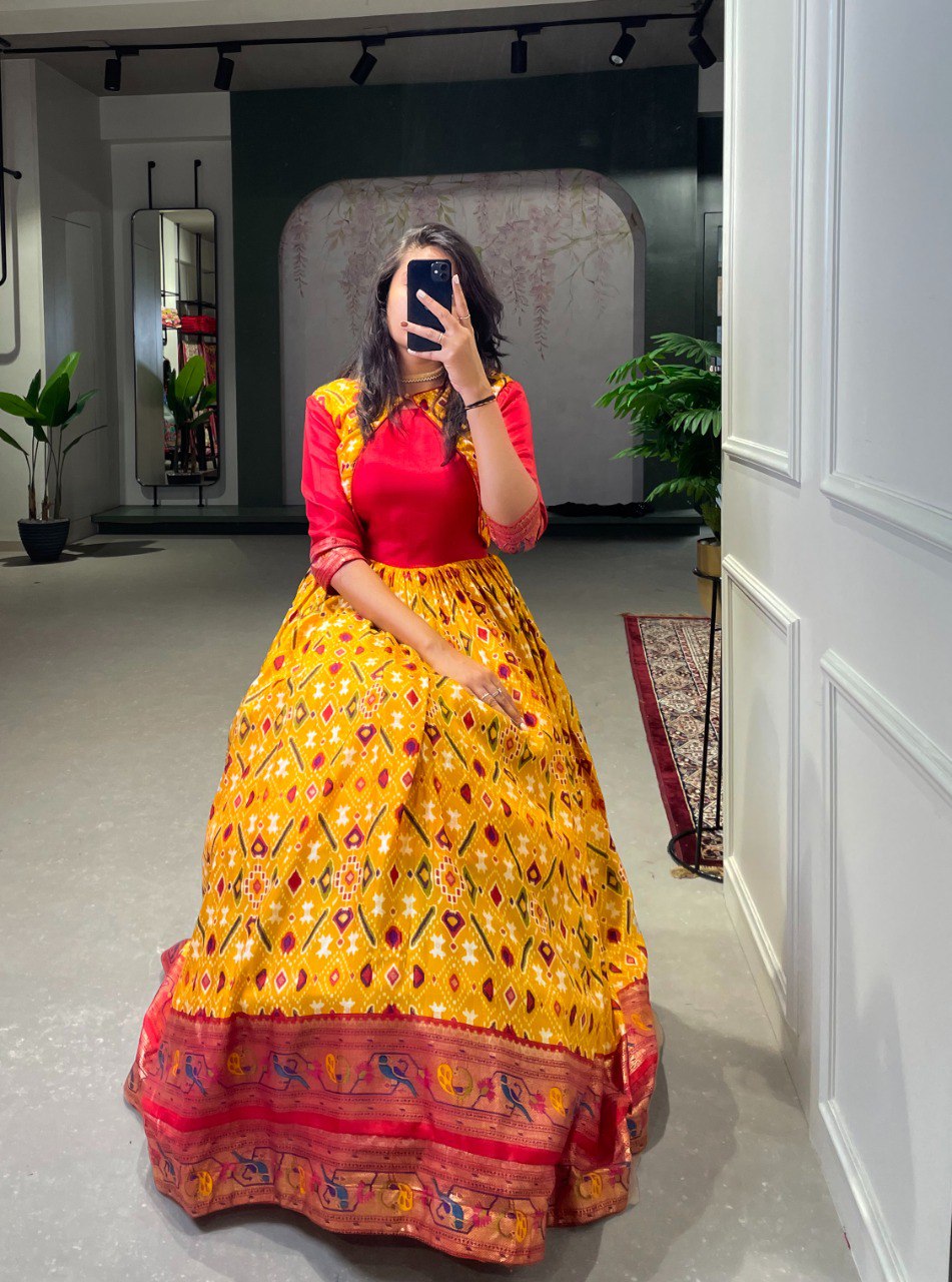 Yellow Color Patola Printed And Foil Printed Dola Silk Gown By WTW