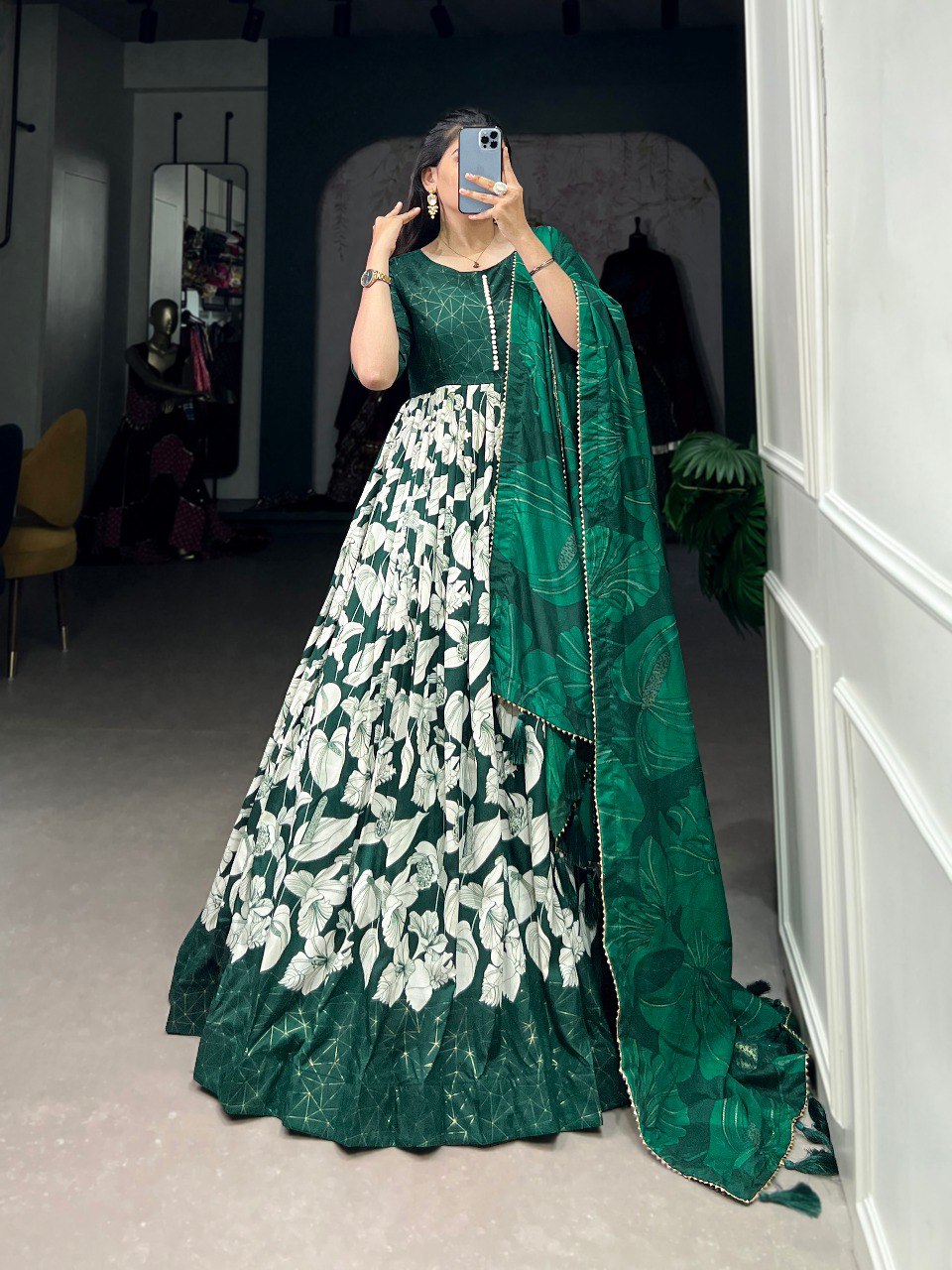 Sublime Green Color Tussar Silk Floral Printed Work Gown By WTW