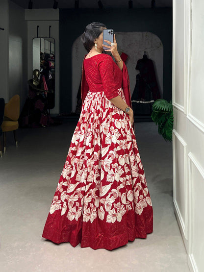 Sublime Red Color Tussar Silk Floral Printed Work Gown By WTW