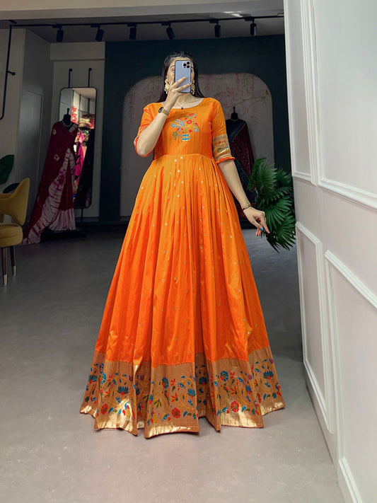 Orange Jacquard Silk Paithani Gown By WTW