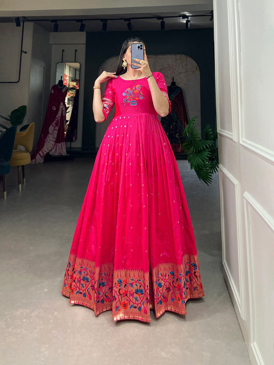 Superb Red Color Jacquard Silk Paithani Zari Designer Gown By WTW