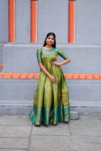 Attractive Green Color Kanjivaram Silk Zari Weaving Work Gown By WTW