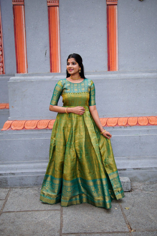 Attractive Green Color Kanjivaram Silk Zari Weaving Work Gown By WTW