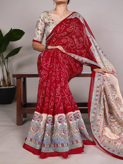 Women's Designer Party Wear Madhubani Bandhej Print Saree By WTW