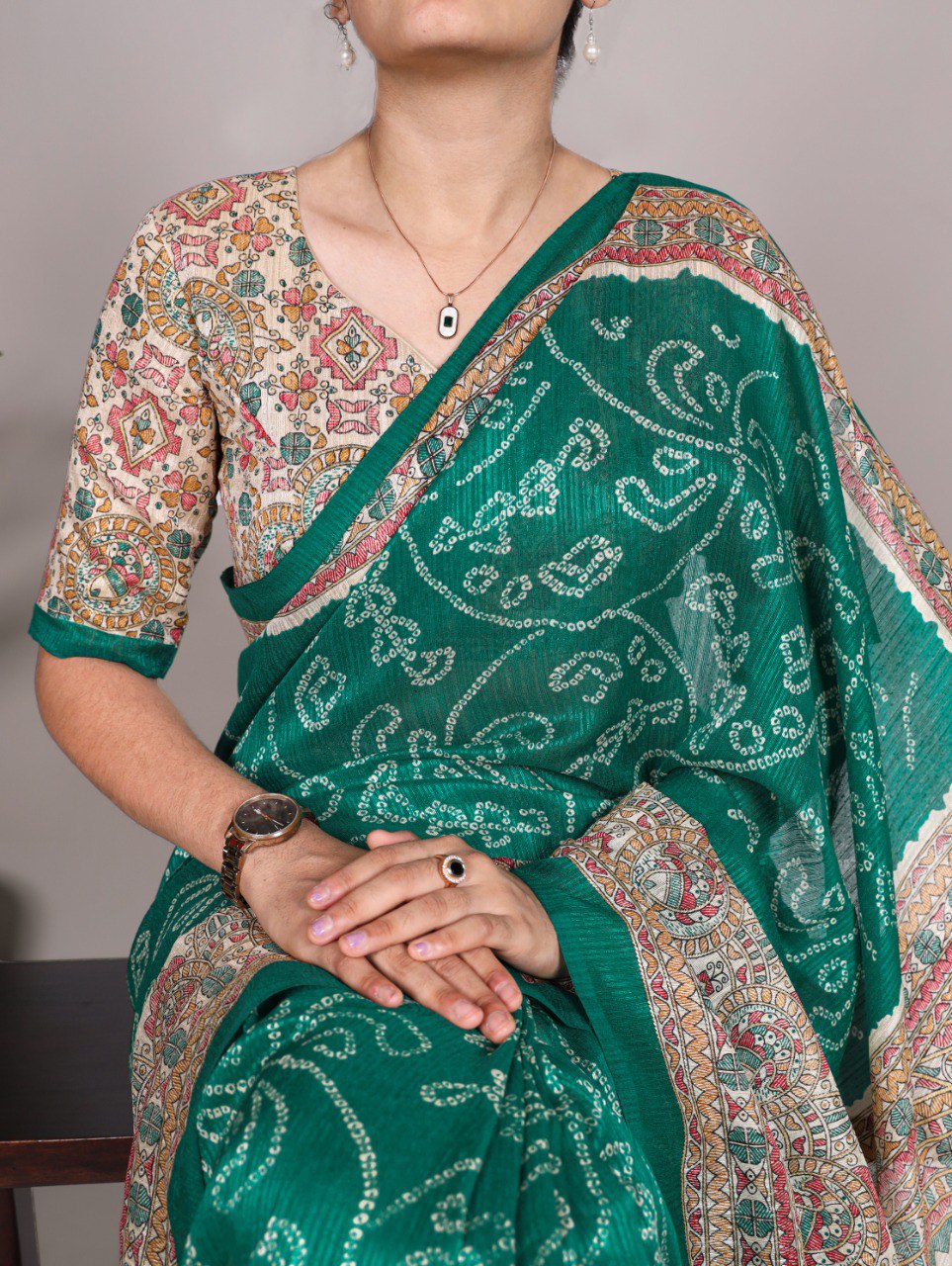 Green Silk Fusion Print Of Madhubani And Bandhej Green Color By WTW