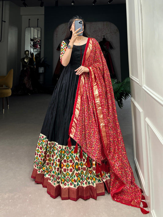 Traditional Wear Black Color Tussar Silk Foil Printed Gown By WTW