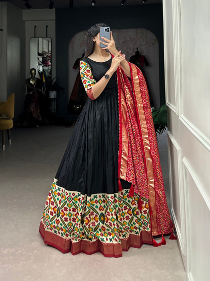 Traditional Wear Black Color Tussar Silk Foil Printed Gown By WTW