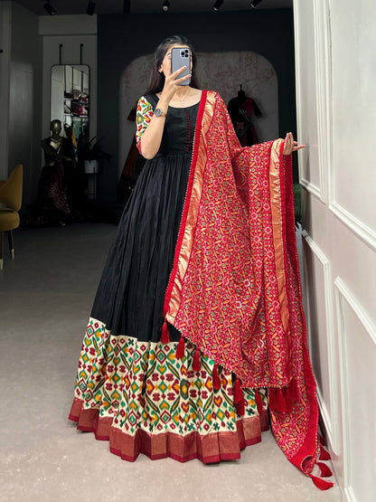 Traditional Wear Black Color Tussar Silk Foil Printed Gown By WTW