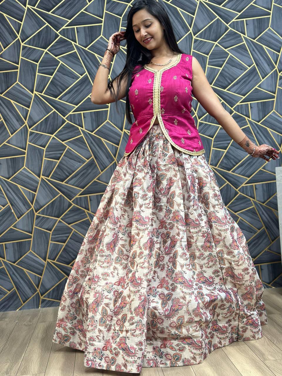 Pink Crop Top Lehenga With Digital Print Work And Embroidery Ready To Wear By WTW