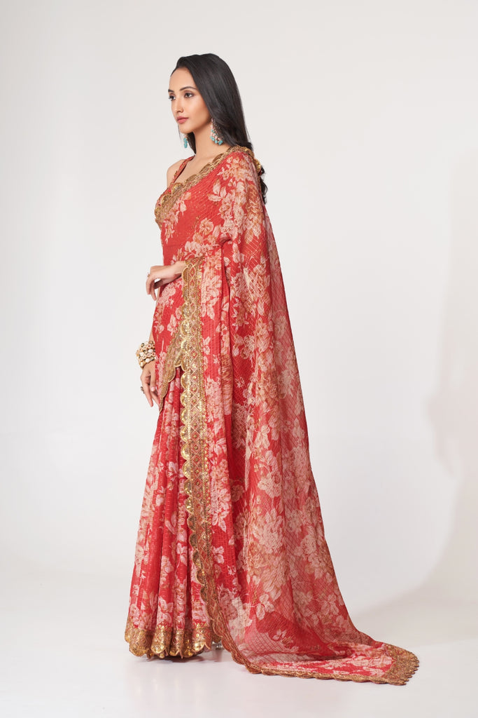 Red Organza Saree with Sequin Embroidery and Digital Print By WTW