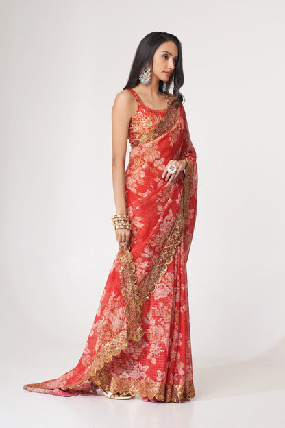 Red Organza Saree with Sequin Embroidery and Digital Print By WTW